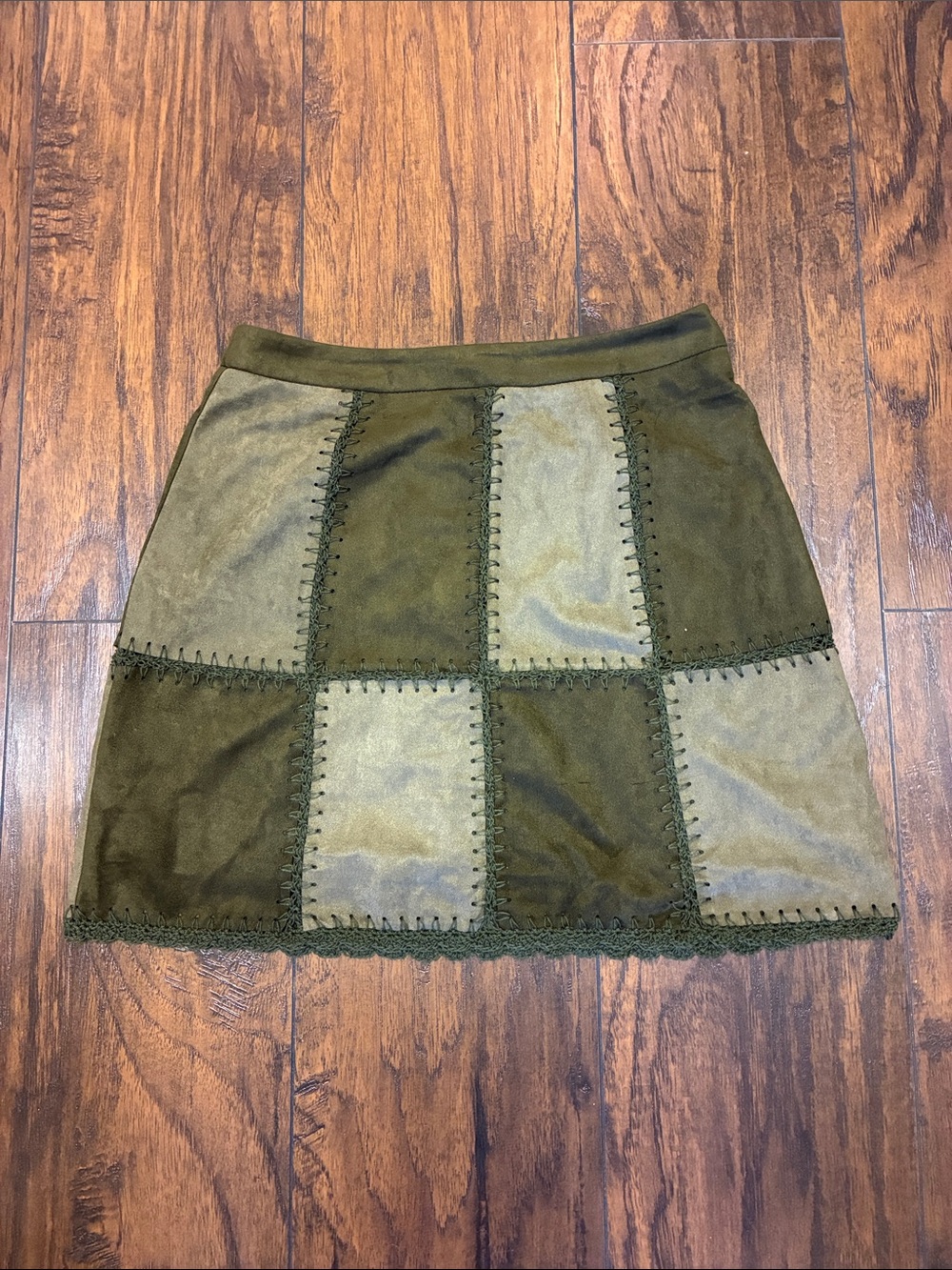 Honey Belle Olive Patchwork Suede Look Mini Skirt